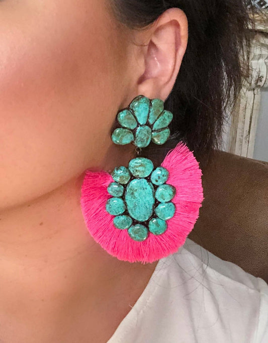 Western Glam Earrings- Turquoise/Hot Pink